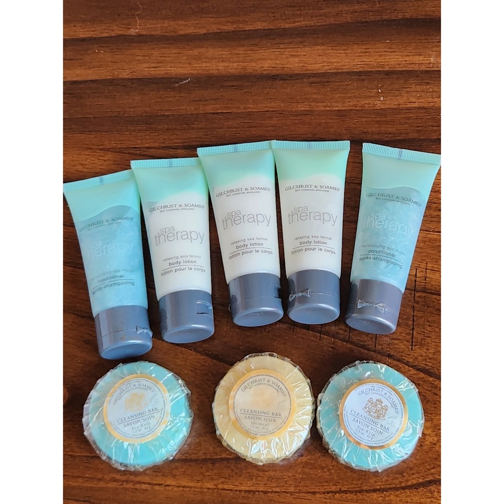 8pc travel sized Gilchrist & Soames Spa Therapy conditioner, lotion & soap